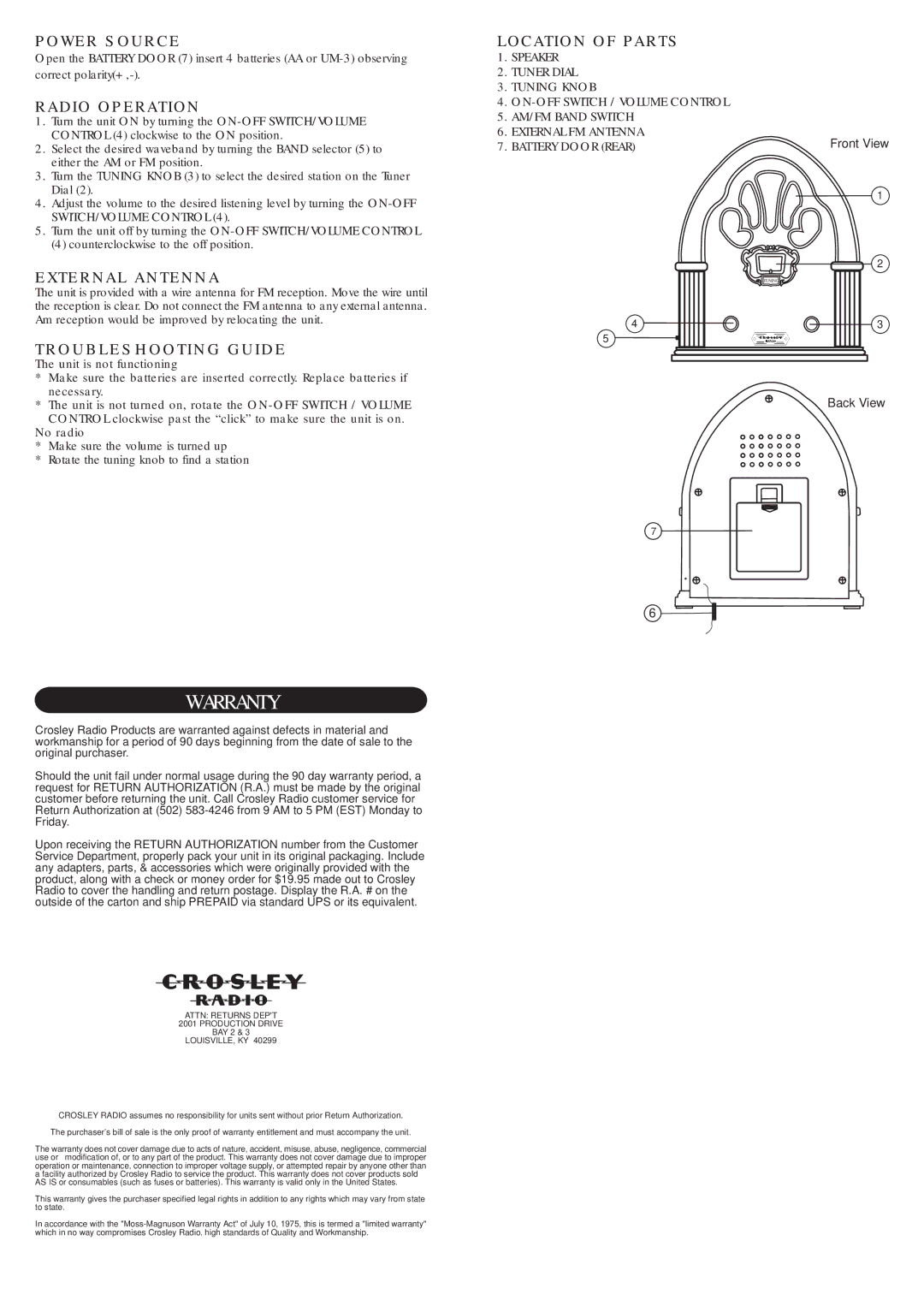 Crosley Radio CR82 Power Source, Radio Operation, External Antenna, Troubleshooting Guide, Location of Parts 