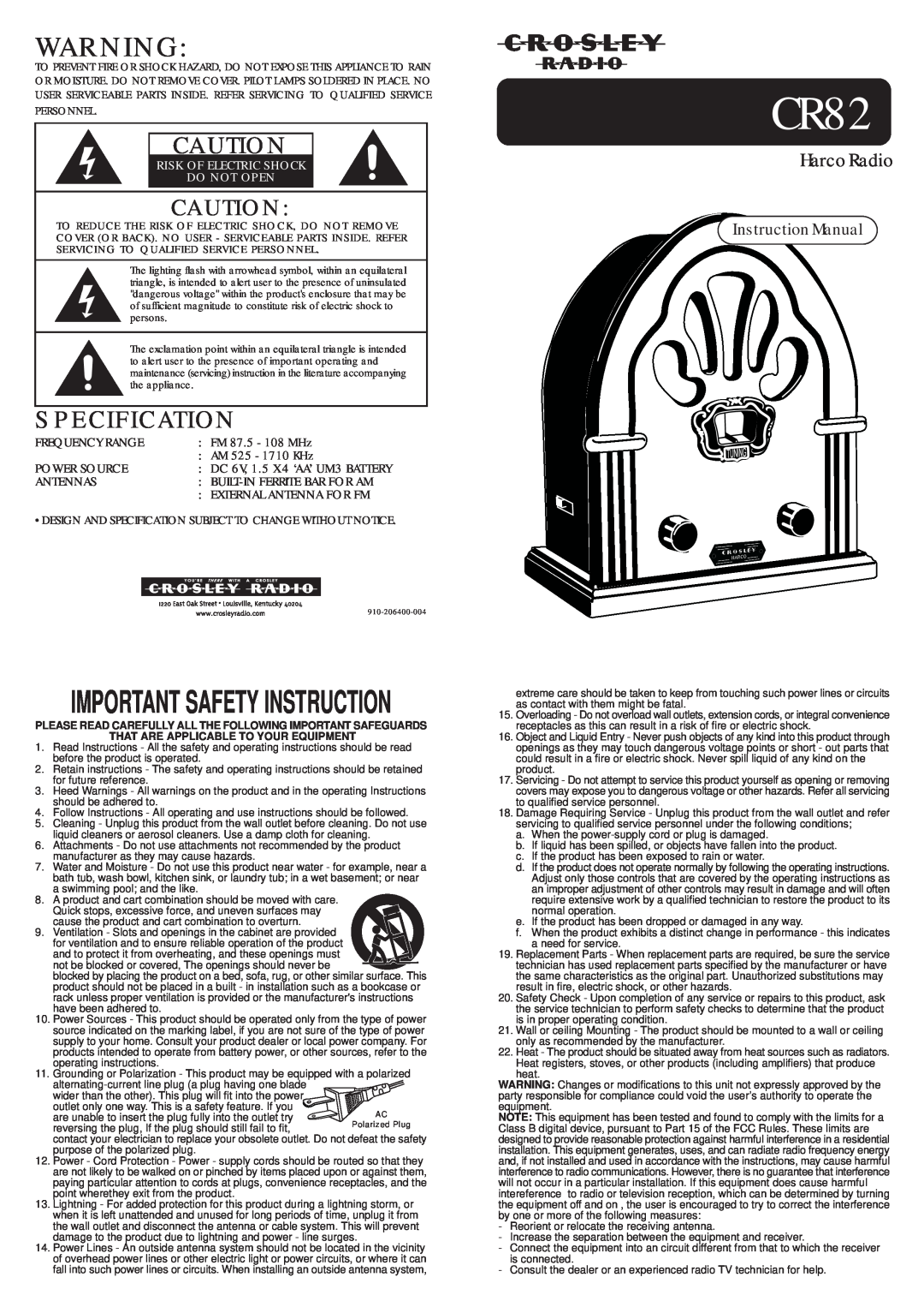 Crosley Radio CR82 instruction manual Specification, Important Safety Instruction, Harco Radio, Built-Inferrite Bar For Am 