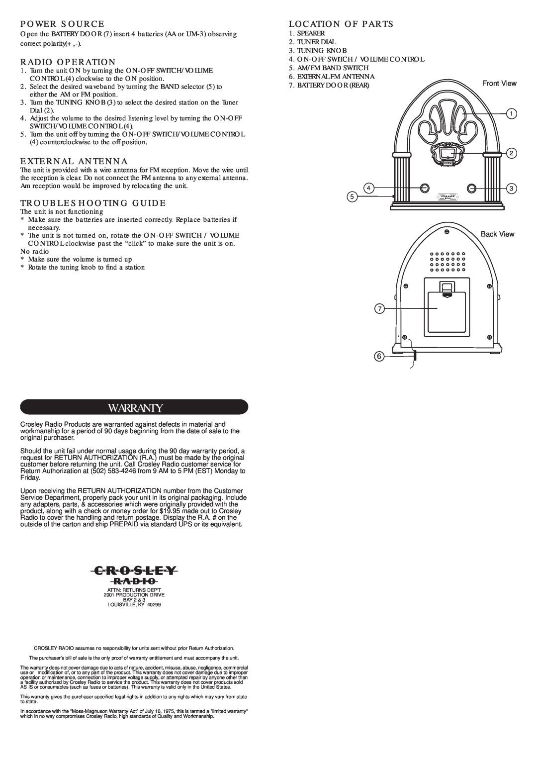 Crosley Radio CR82 Warranty, Power Source, Radio Operation, External Antenna, Troubleshooting Guide, Location Of Parts 