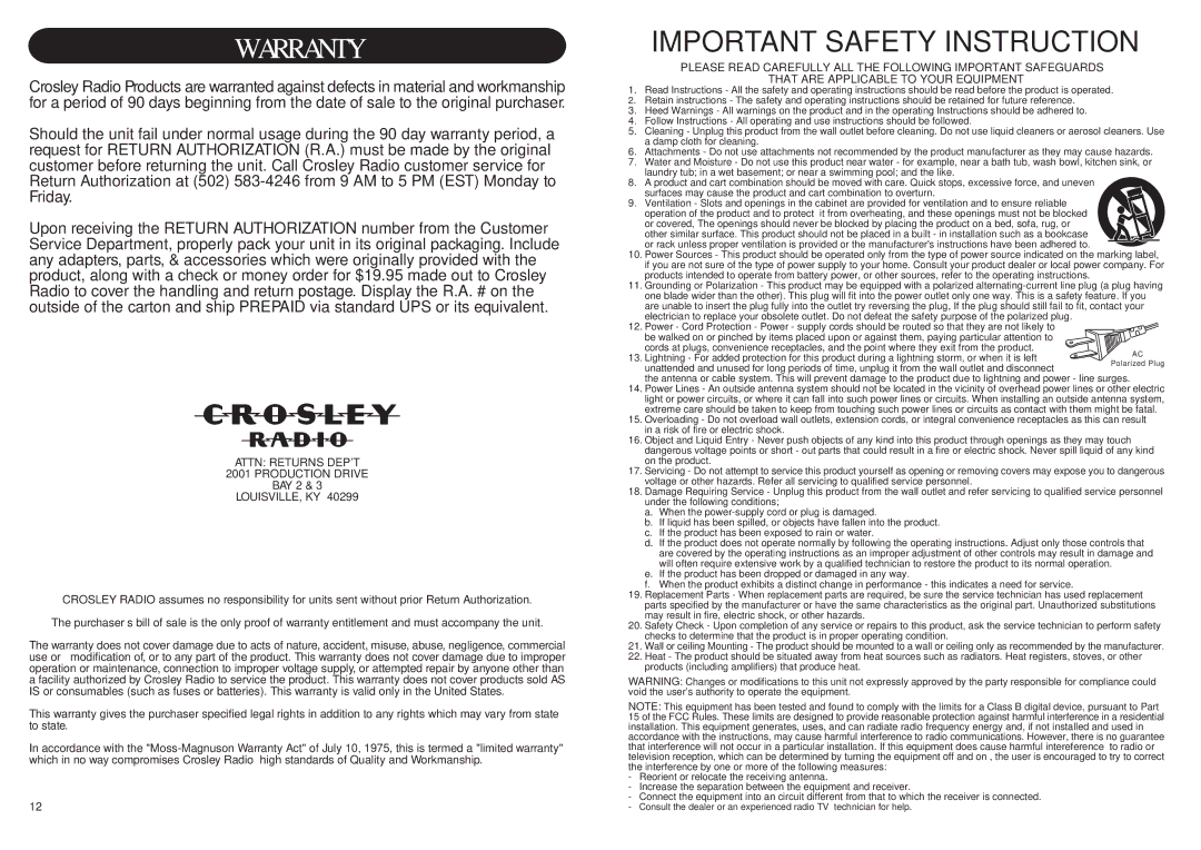 Crosley Radio CR87-S instruction manual Warranty 