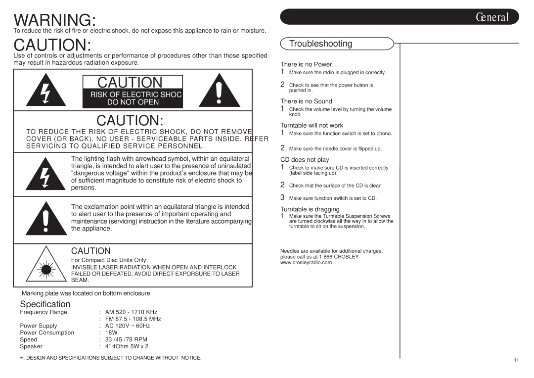 Crosley Radio CR87-S instruction manual General, Specification, Troubleshooting 