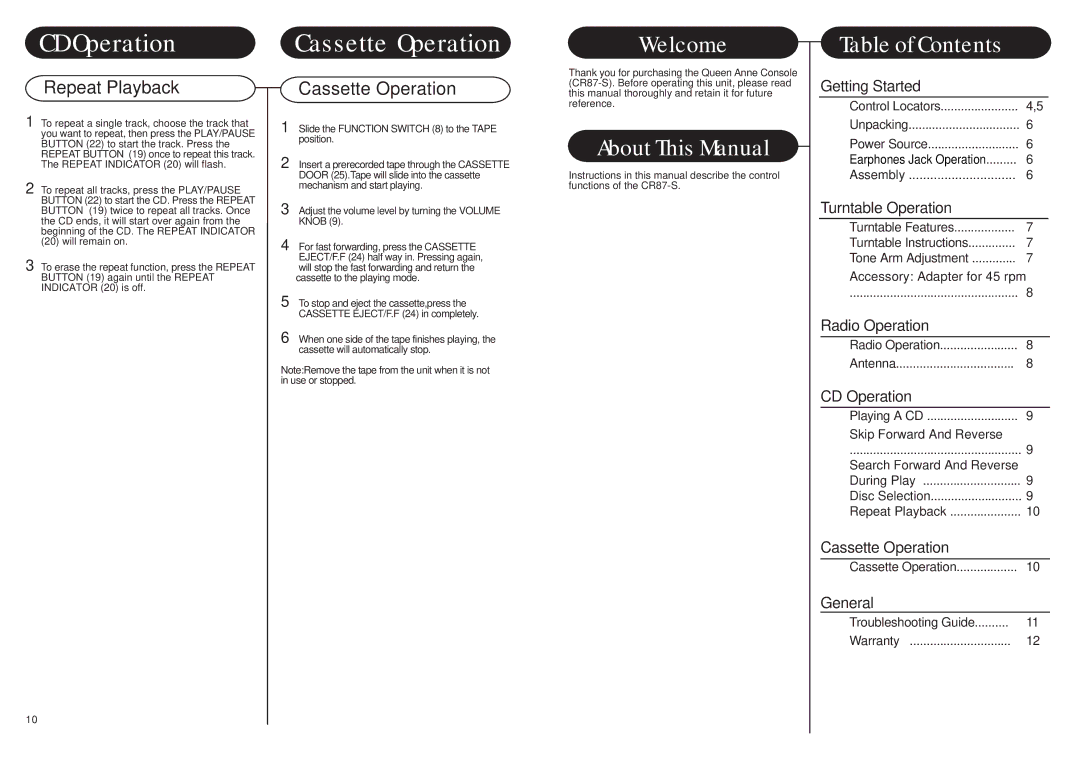 Crosley Radio CR87-S instruction manual CD Operation Cassette Operation, Welcome Table of Contents 