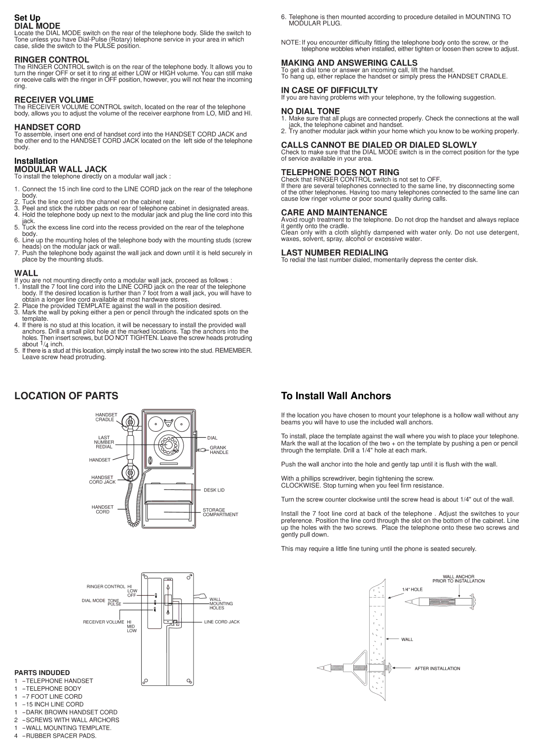 Crosley Radio CR91 Dial Mode, Ringer Control, Receiver Volume, Handset Cord, Modular Wall Jack, Making and Answering Calls 