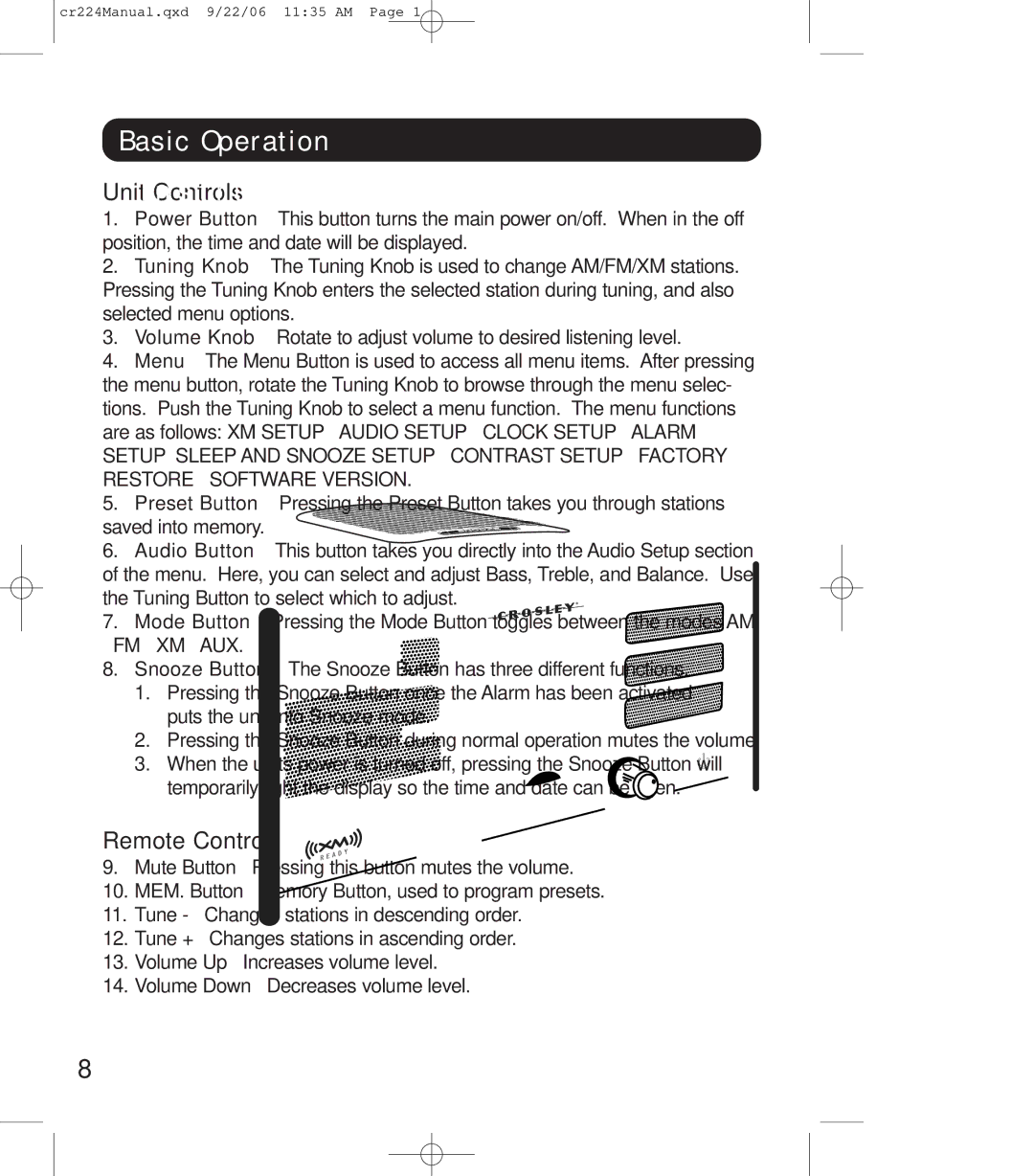 Crosley Radio crosley explorer, cr-224 instruction manual Basic Operation, Unit Controls, Remote Control 