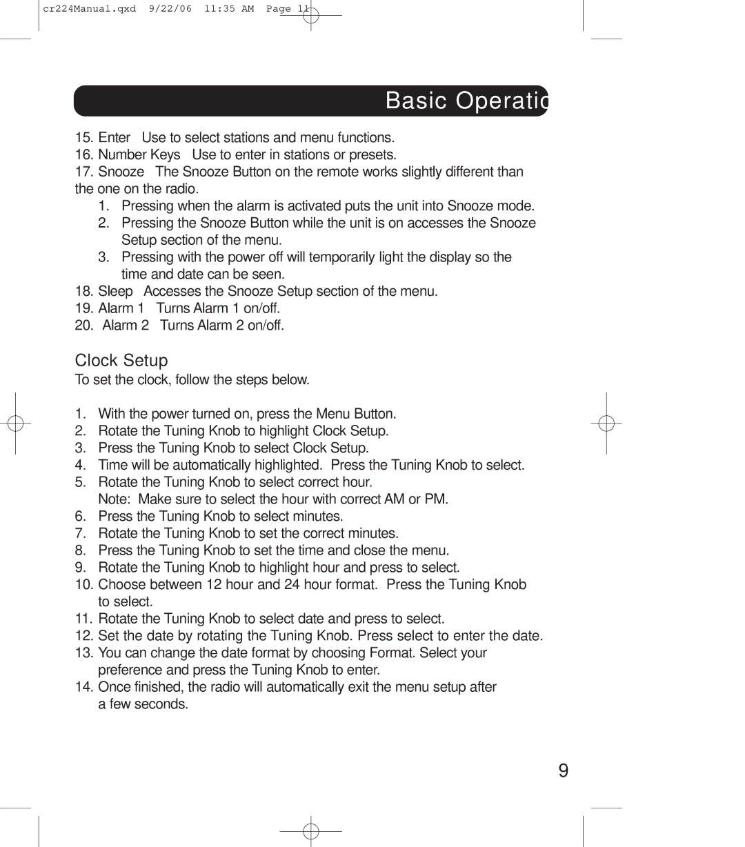 Crosley Radio cr-224, crosley explorer instruction manual Clock Setup 