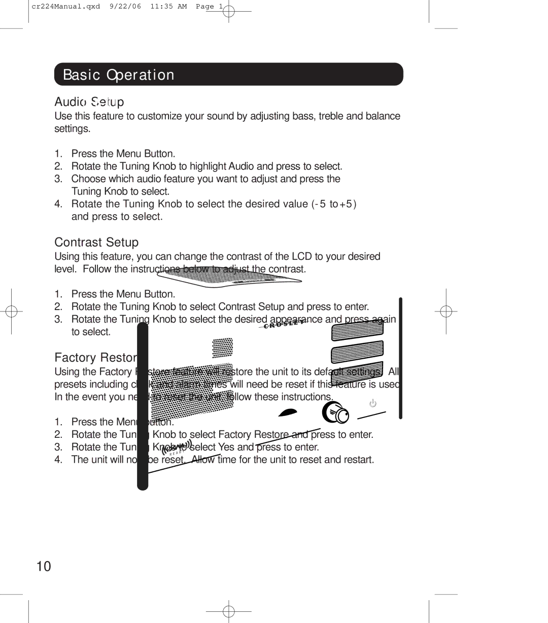 Crosley Radio crosley explorer, cr-224 instruction manual Audio Setup, Contrast Setup, Factory Restore 