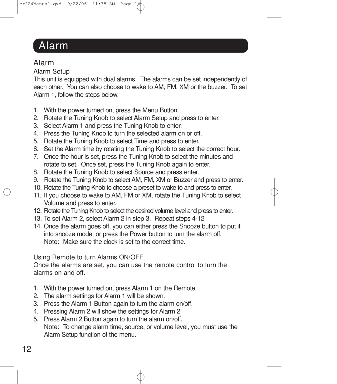 Crosley Radio crosley explorer, cr-224 instruction manual Alarm 