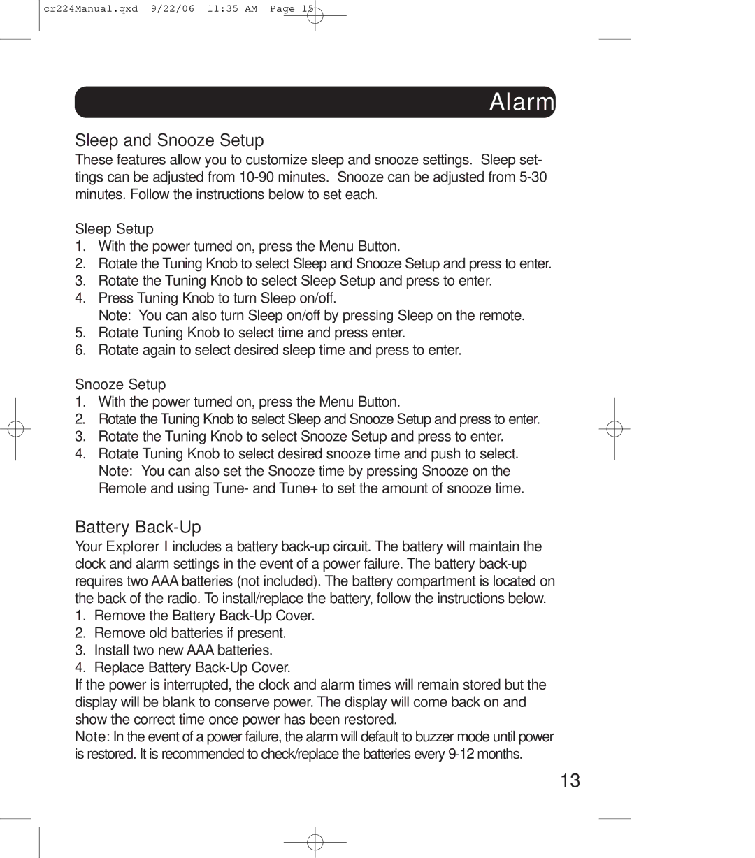 Crosley Radio cr-224, crosley explorer instruction manual Sleep and Snooze Setup, Battery Back-Up 