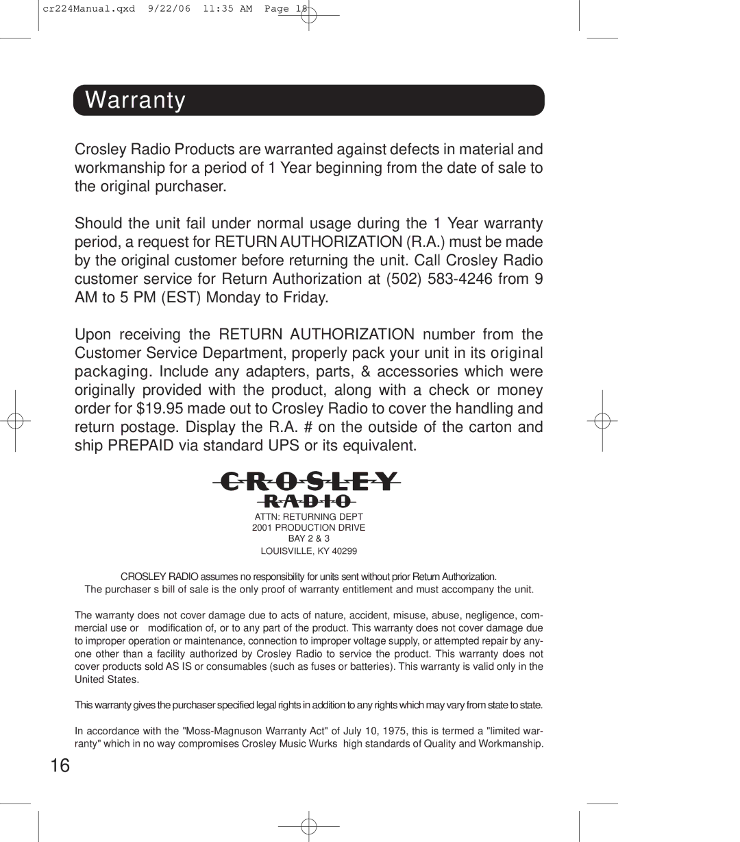 Crosley Radio crosley explorer, cr-224 instruction manual Warranty 