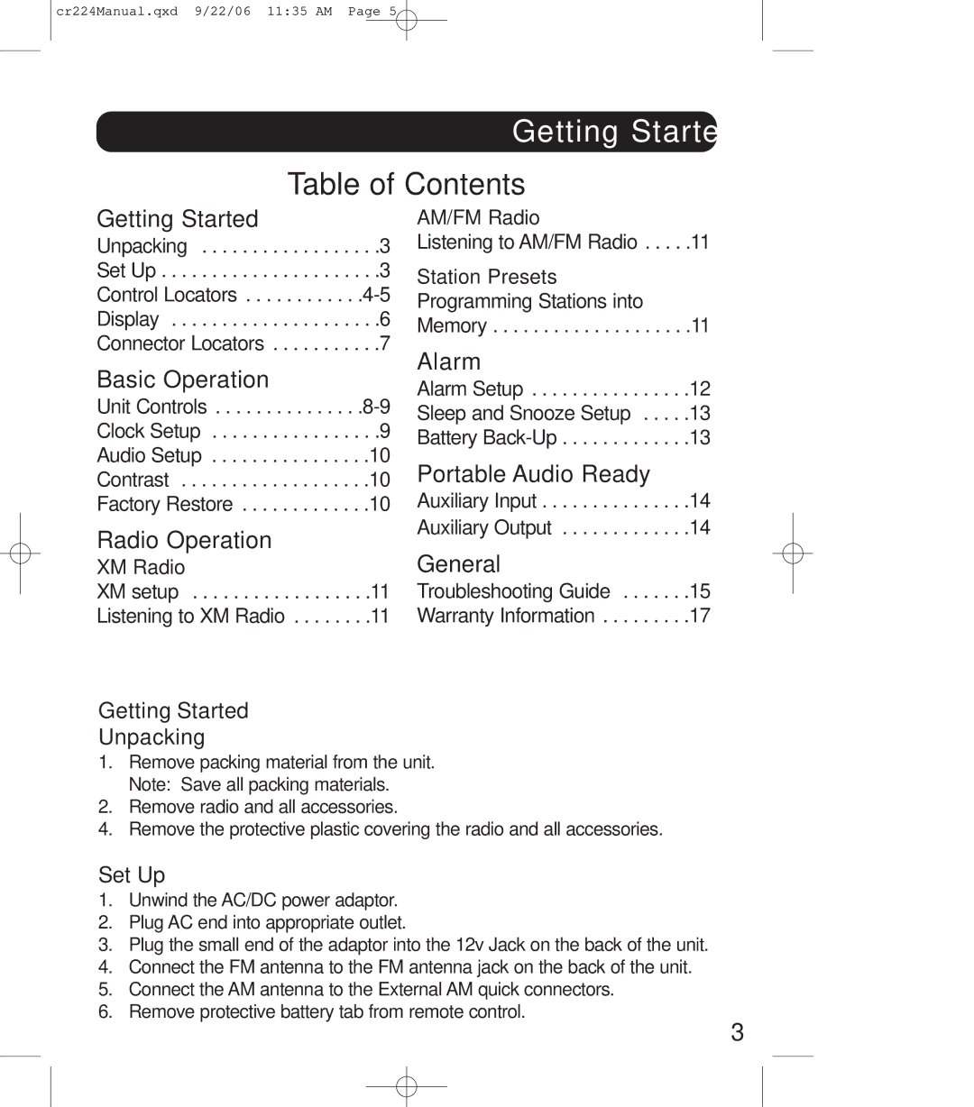 Crosley Radio cr-224, crosley explorer instruction manual Getting Started, Table of Contents 