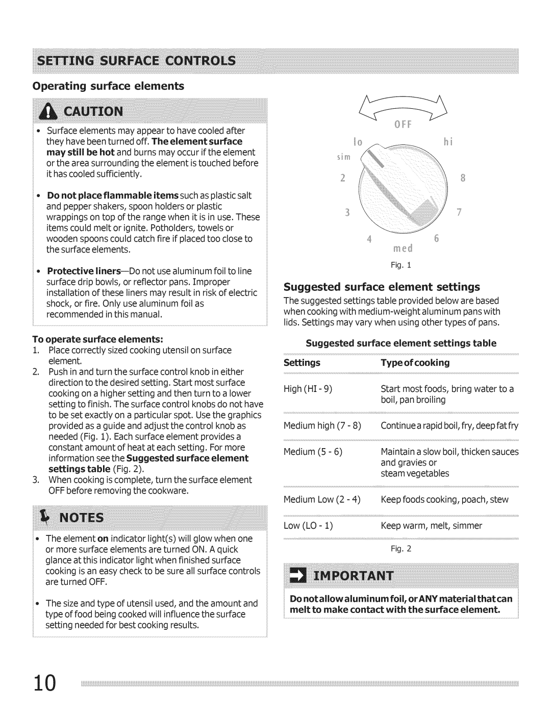 Crosley Range Operating surface elements, Suggested surface element settings, To operate surface elements 