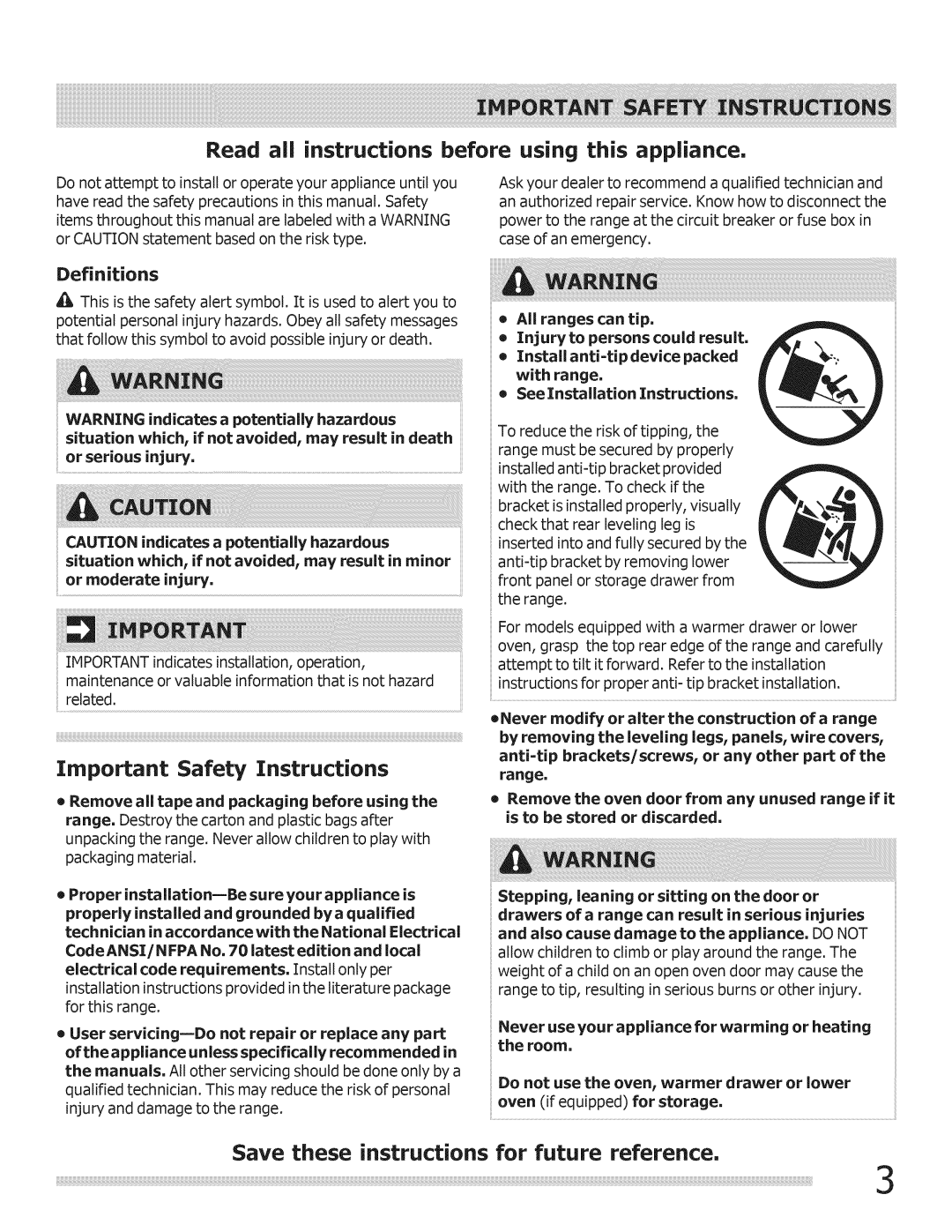 Crosley Range important safety instructions Definitions, Situation which, if not avoided, may result in minor 