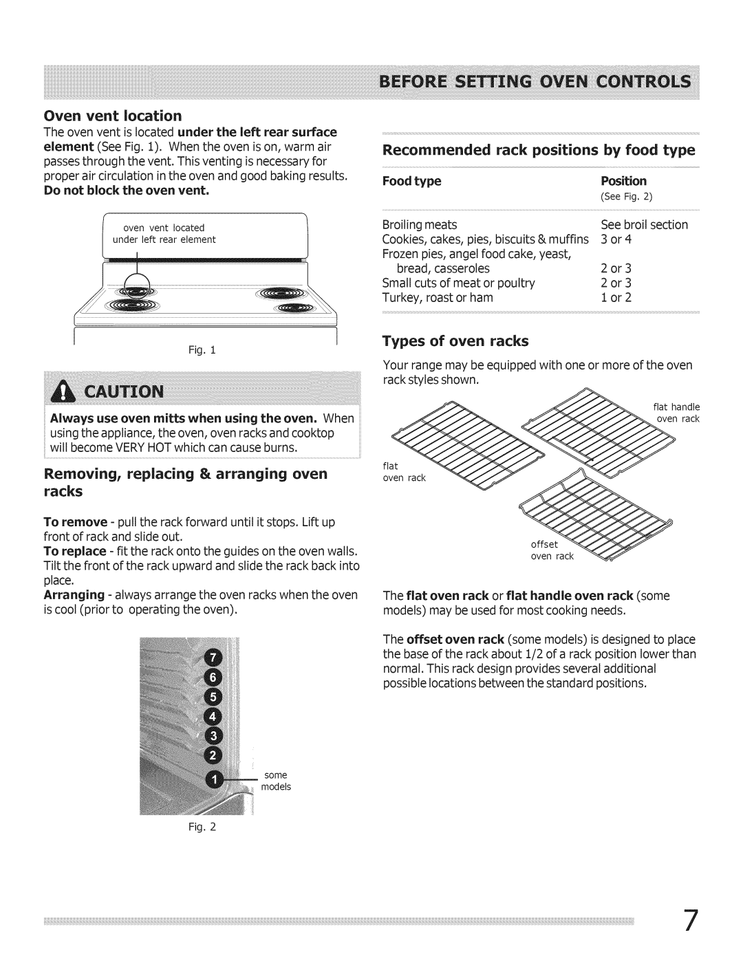 Crosley Range Oven vent location, Recommended rack positions by food type, Removing, replacing & arranging oven racks 