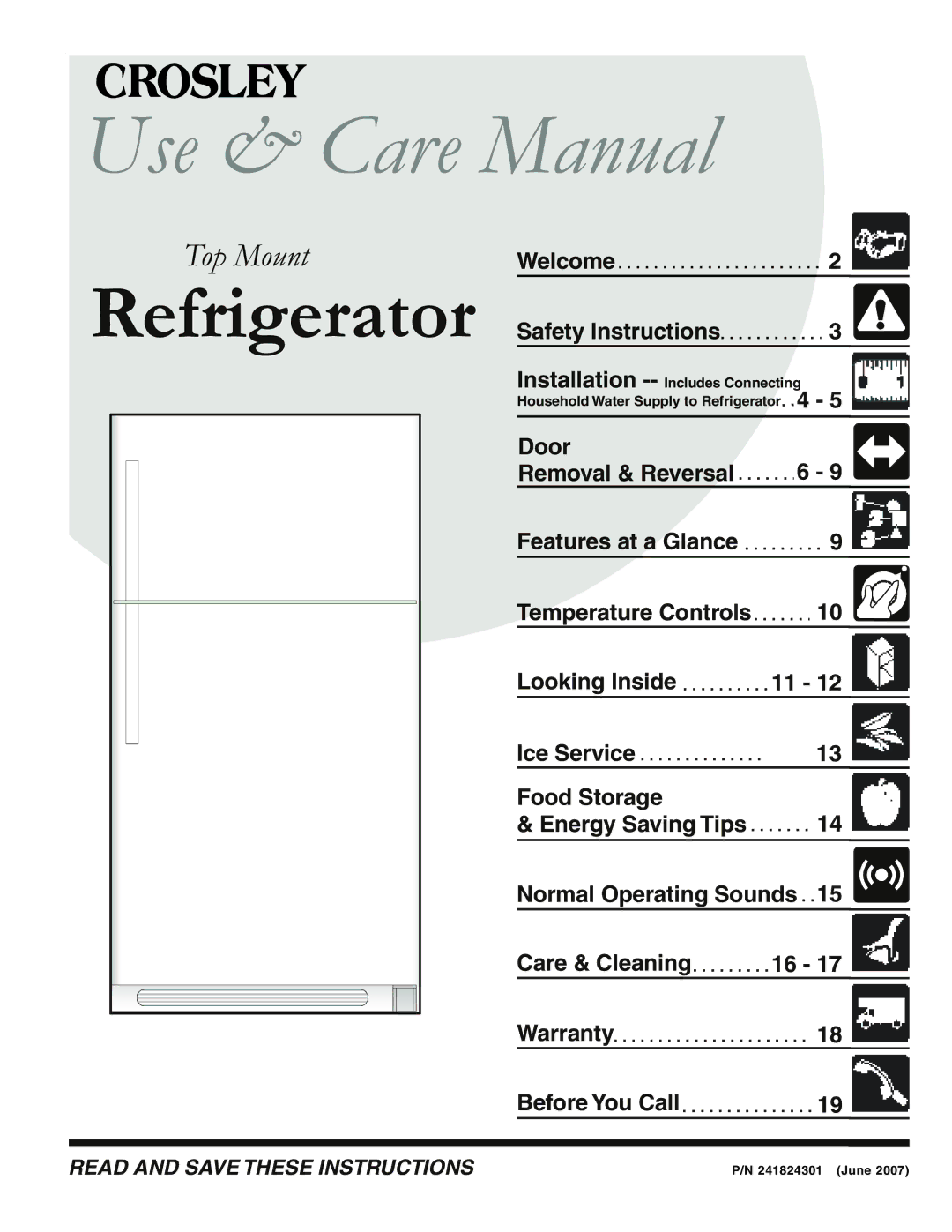 Crosley Refrigerator Top Mount manual Use & Care Manual, June 