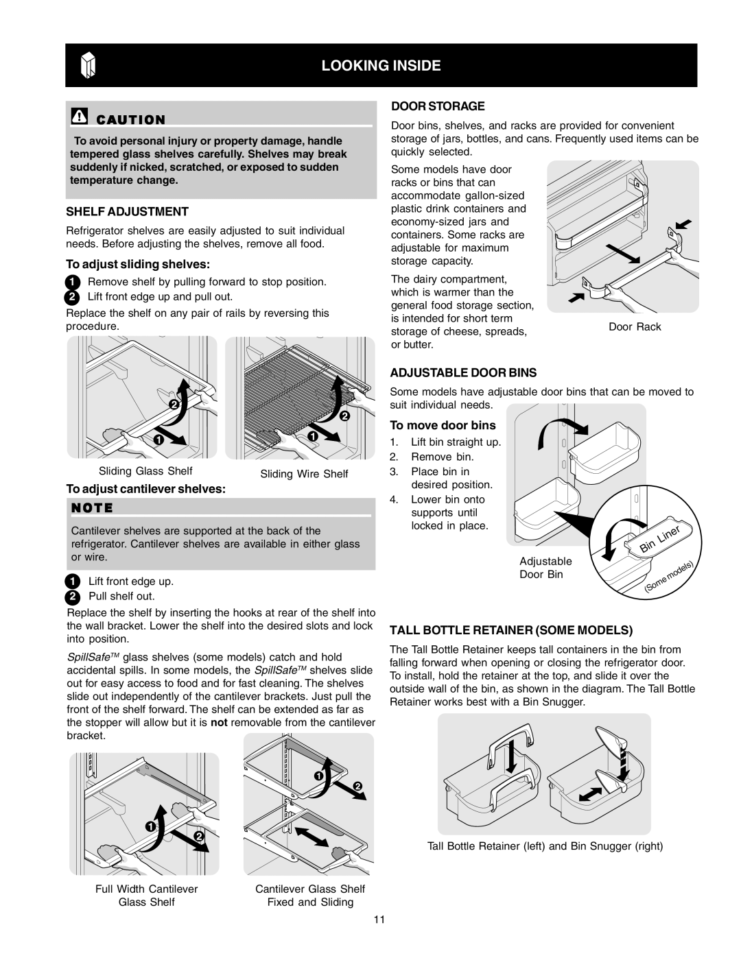 Crosley Refrigerator Top Mount manual Looking Inside, Shelf Adjustment, Door Storage, Adjustable Door Bins 