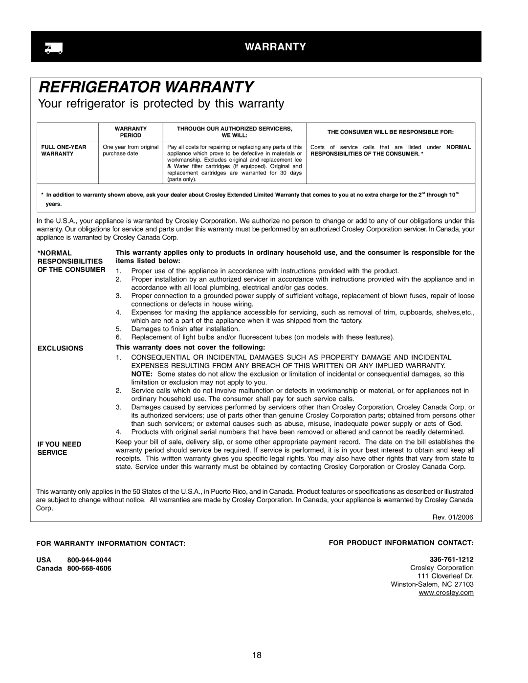 Crosley Refrigerator Top Mount manual Warranty, This warranty does not cover the following, Rev /2006 