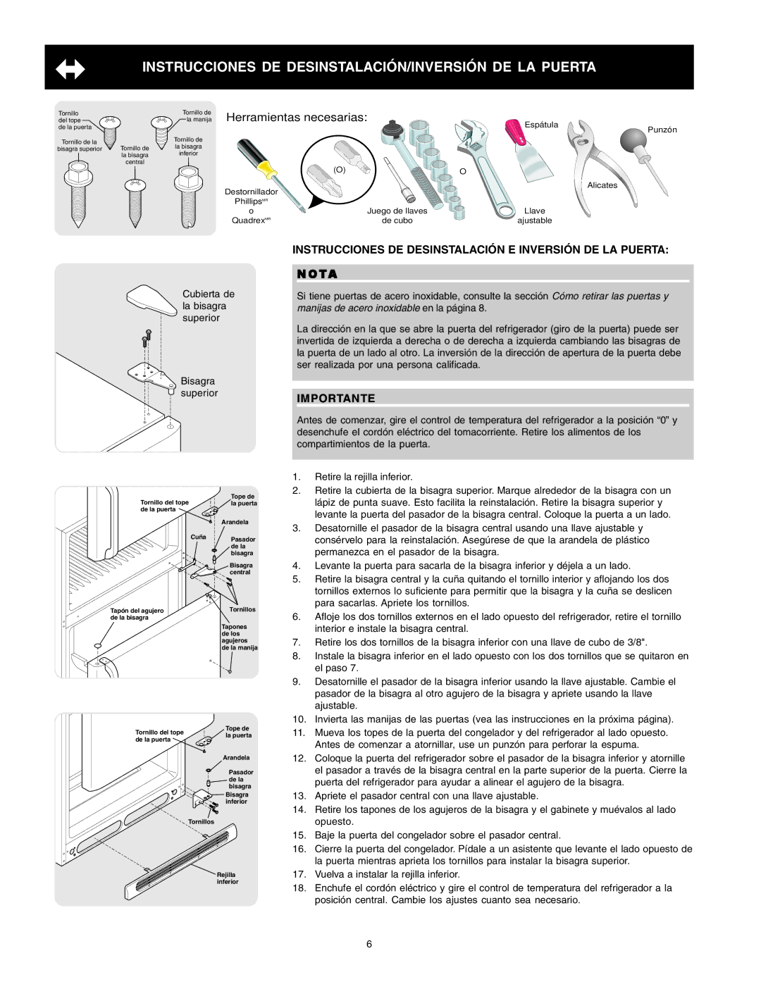 Crosley Refrigerator Top Mount manual Instrucciones DE DESINSTALACIÓN/INVERSIÓN DE LA Puerta, Herramientas necesarias 