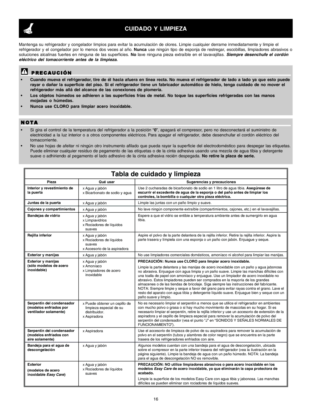 Crosley Refrigerator Top Mount manual Tabla de cuidado y limpieza, Cuidado Y Limpieza 