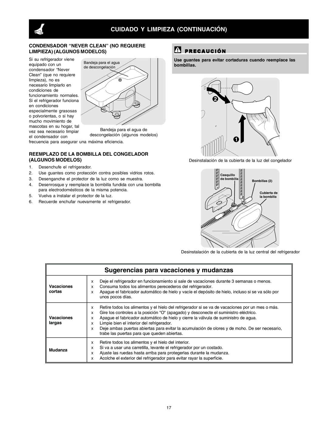 Crosley Refrigerator Top Mount Cuidado Y Limpieza Continuación, Reemplazo DE LA Bombilla DEL Congelador Algunos Modelos 