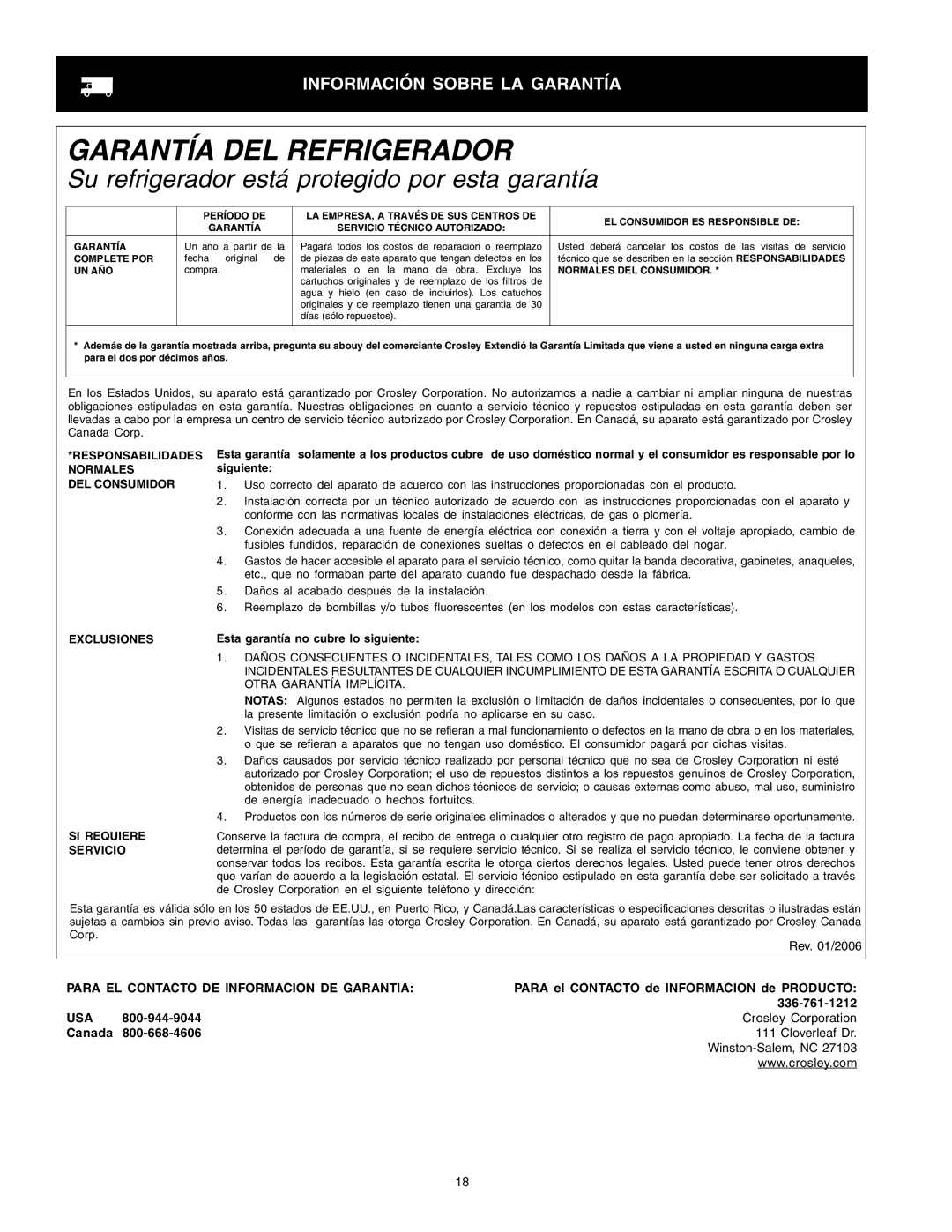 Crosley Refrigerator Top Mount manual Información Sobre LA Garantía, Para el Contacto de Informacion de Producto 