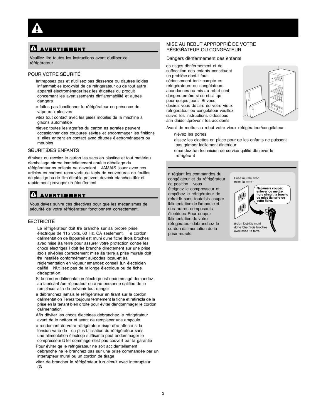 Crosley Refrigerator Top Mount Importantes Mesures DE Sécurité, Pour Votre Sécurité, Sécurité DES Enfants, Électricité 