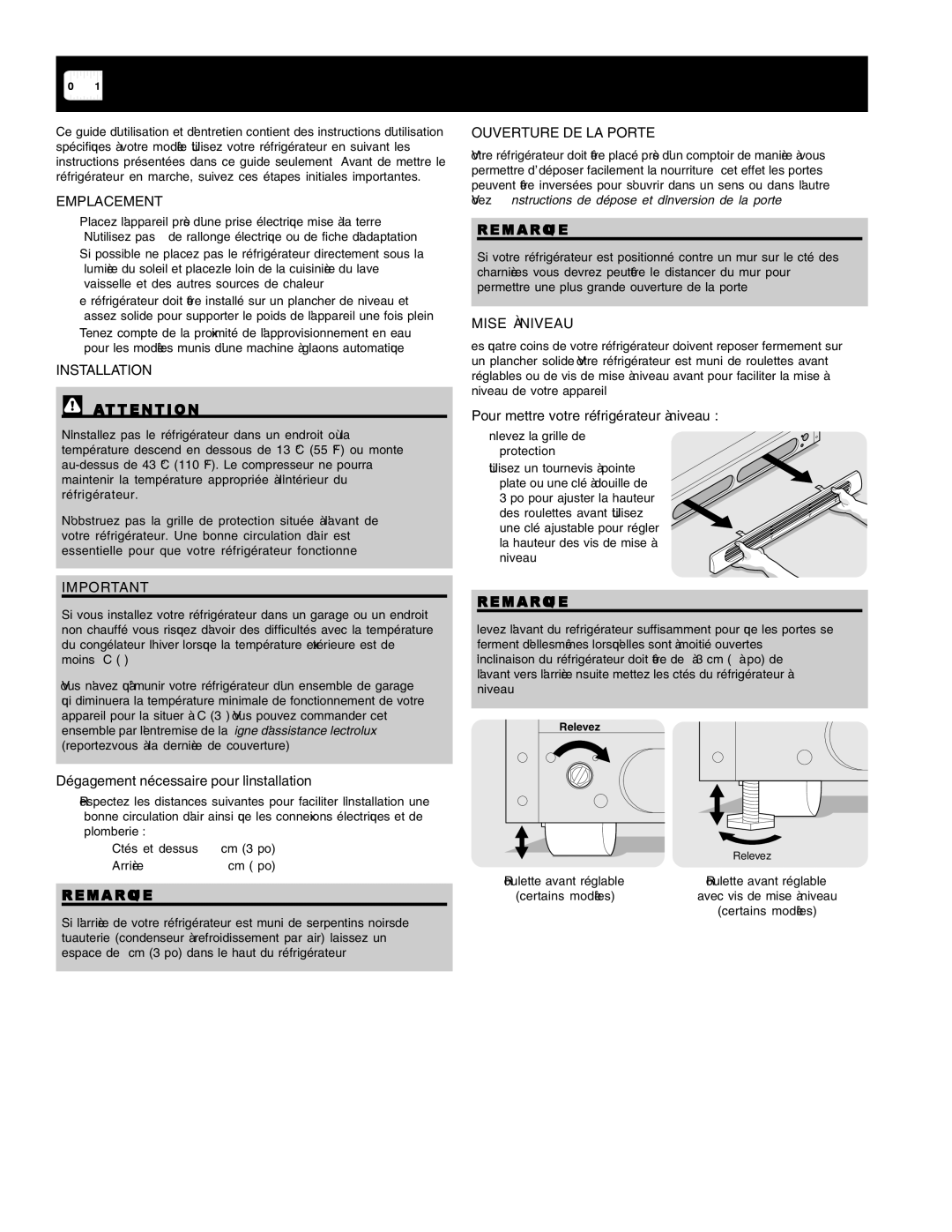 Crosley Refrigerator Top Mount manual Installation, Emplacement, Ouverture DE LA Porte, Mise À Niveau 