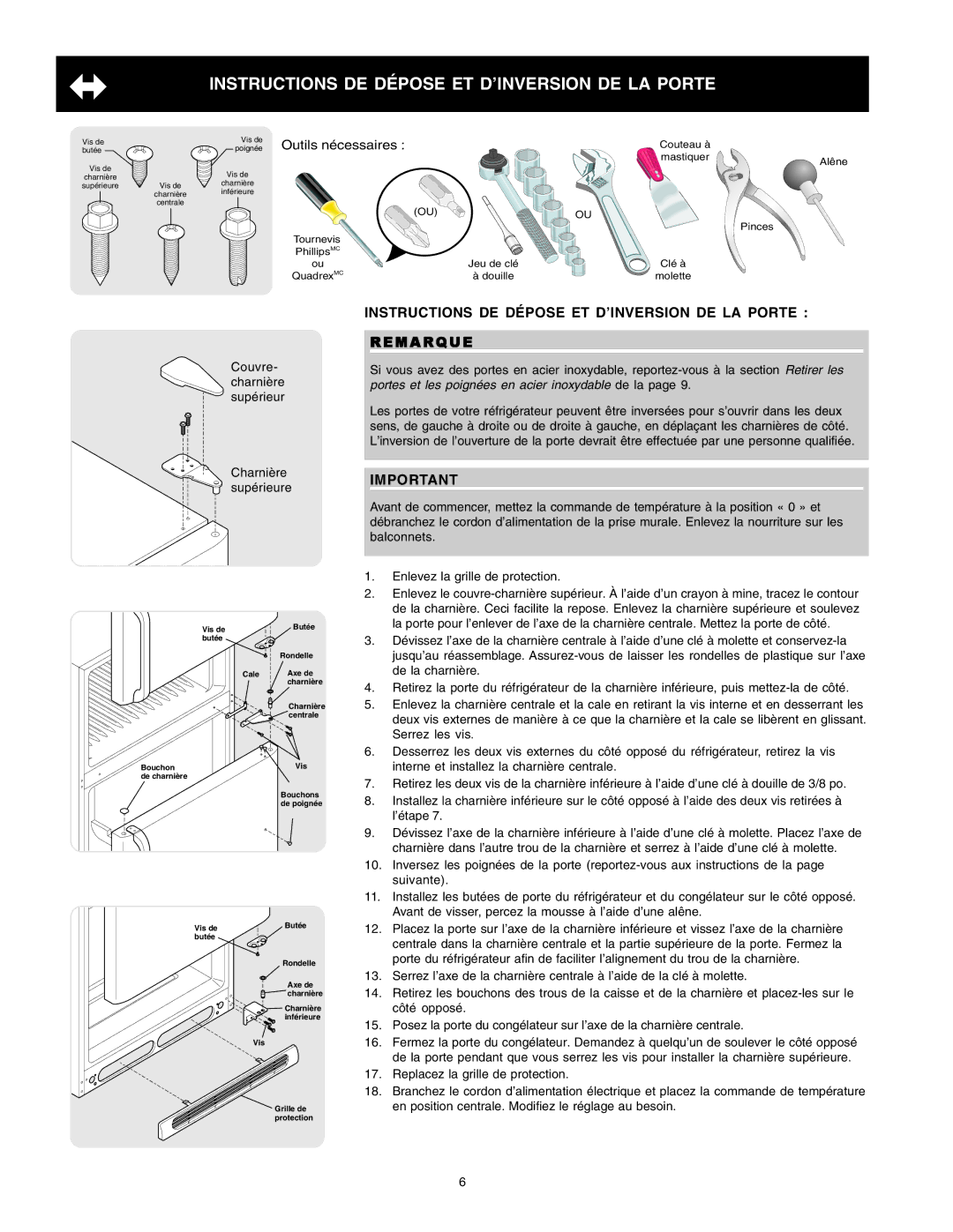 Crosley Refrigerator Top Mount manual Instructions DE Dépose ET D’INVERSION DE LA Porte 