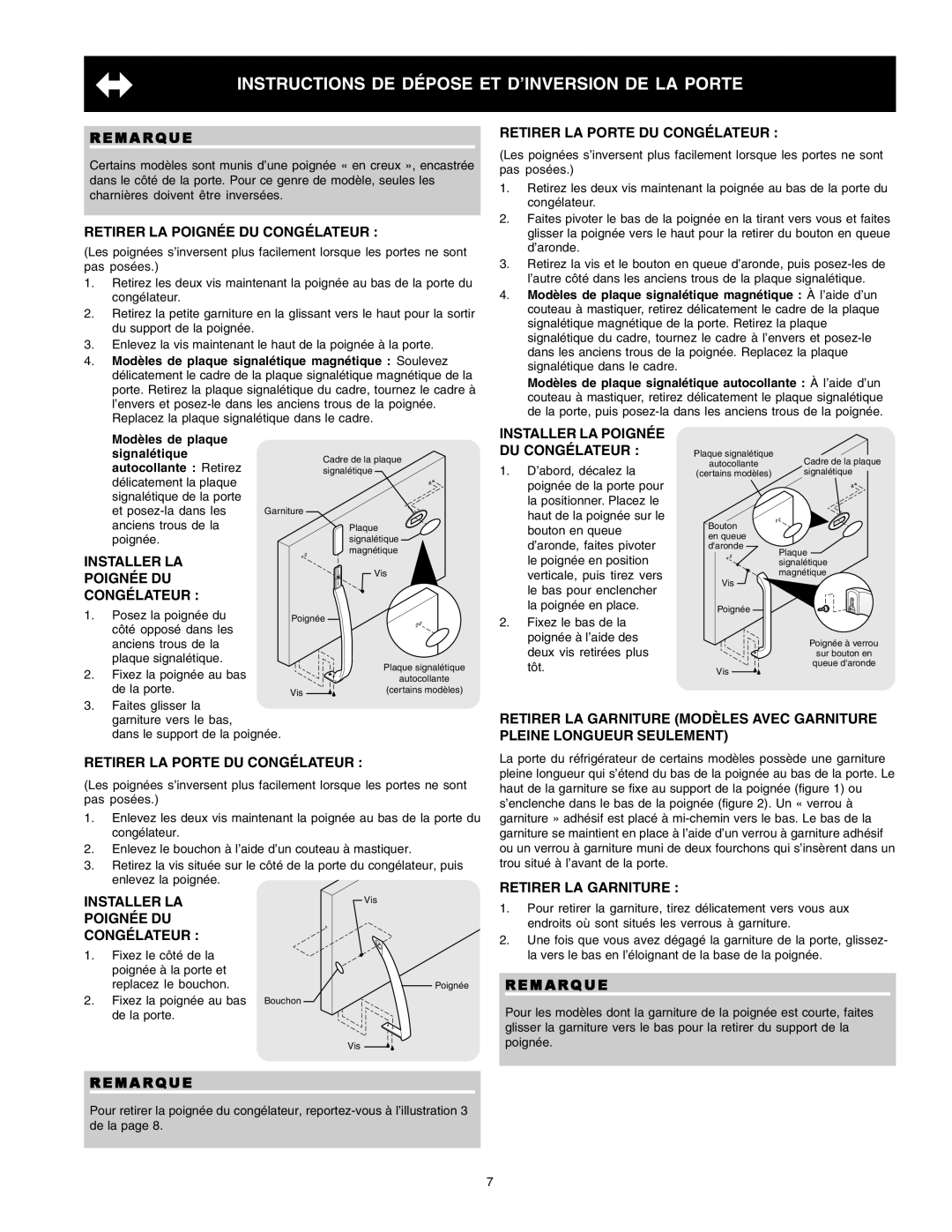 Crosley Refrigerator Top Mount manual Retirer LA Poignée DU Congélateur, Retirer LA Porte DU Congélateur, Installer LA 