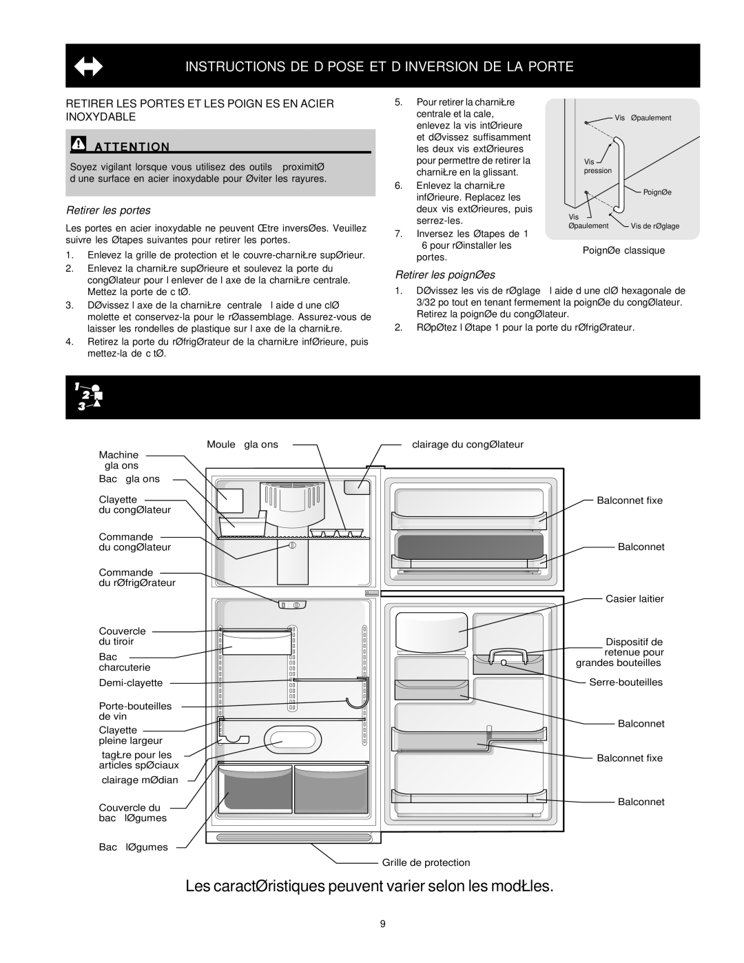 Crosley Refrigerator Top Mount manual Aperçu DES Caractéristiques, Retirer LES Portes ET LES Poignées EN Acier Inoxydable 