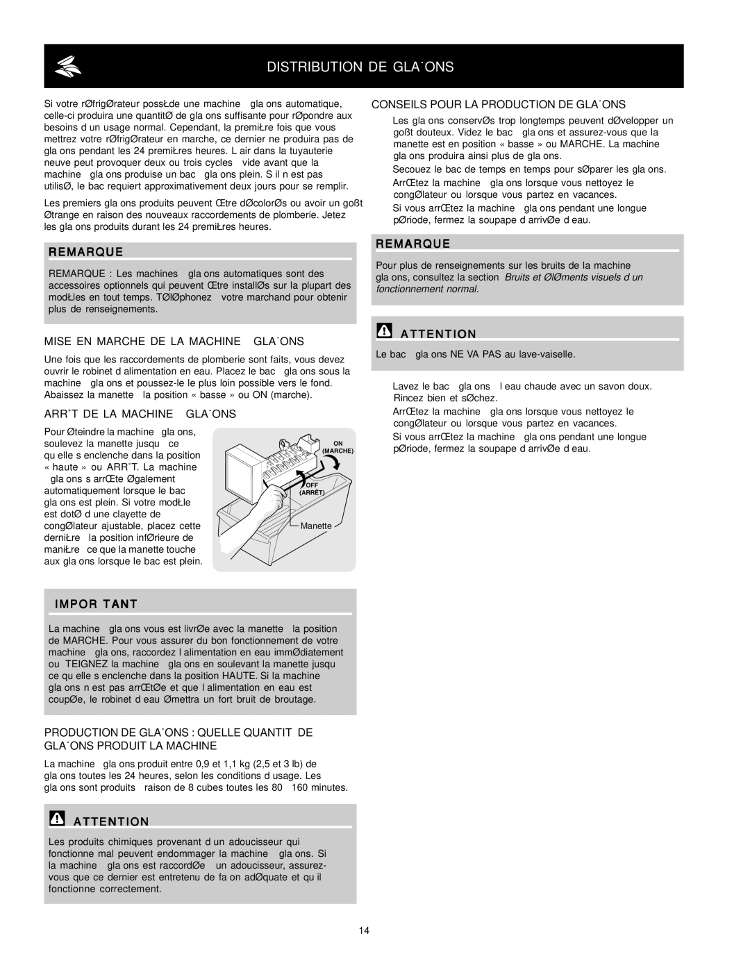 Crosley Refrigerator Top Mount manual Distribution DE Glaçons, Mise EN Marche DE LA Machine À Glaçons 