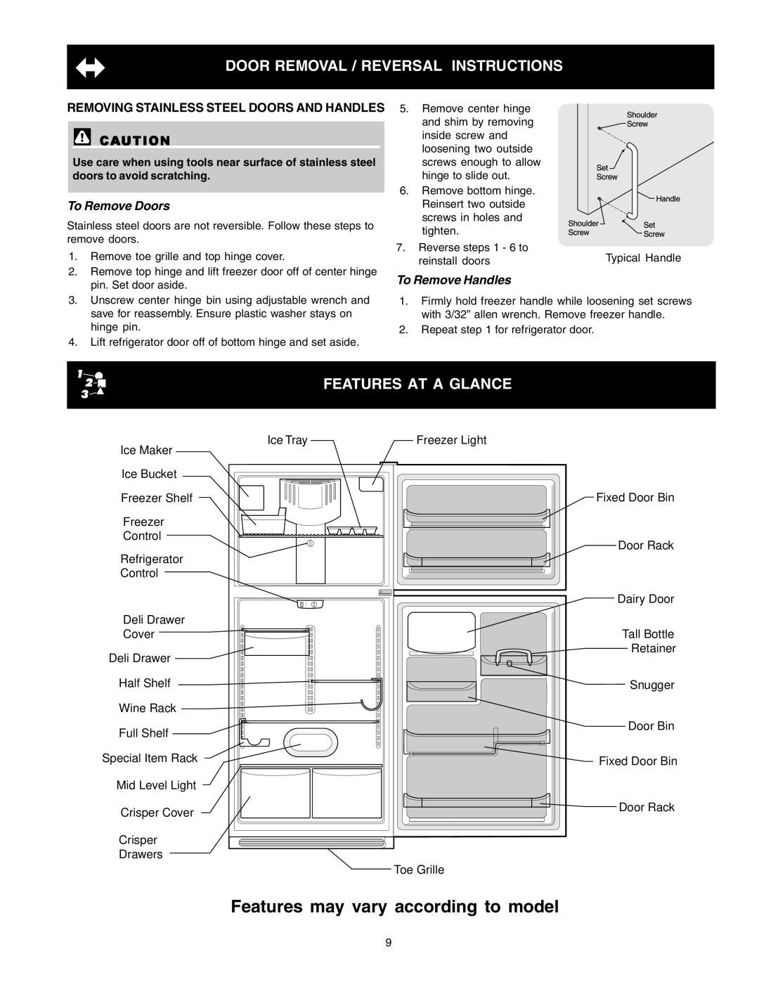 Crosley Refrigerator Top Mount manual Features AT a Glance, Removing Stainless Steel Doors and Handles, Freezer Light 