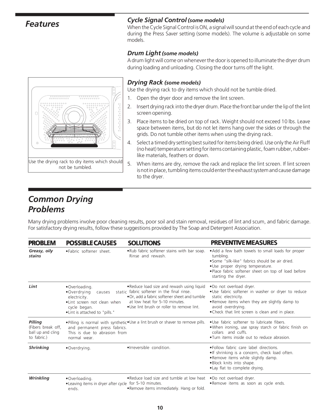 Crosley Tumble Action Laundry Center manual Features, Common Drying Problems, Cycle Signal Control some models 