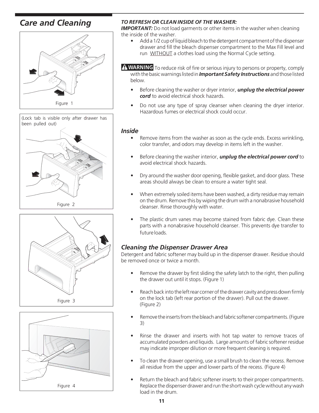 Crosley Tumble Action Laundry Center manual Care and Cleaning, Inside, Cleaning the Dispenser Drawer Area 