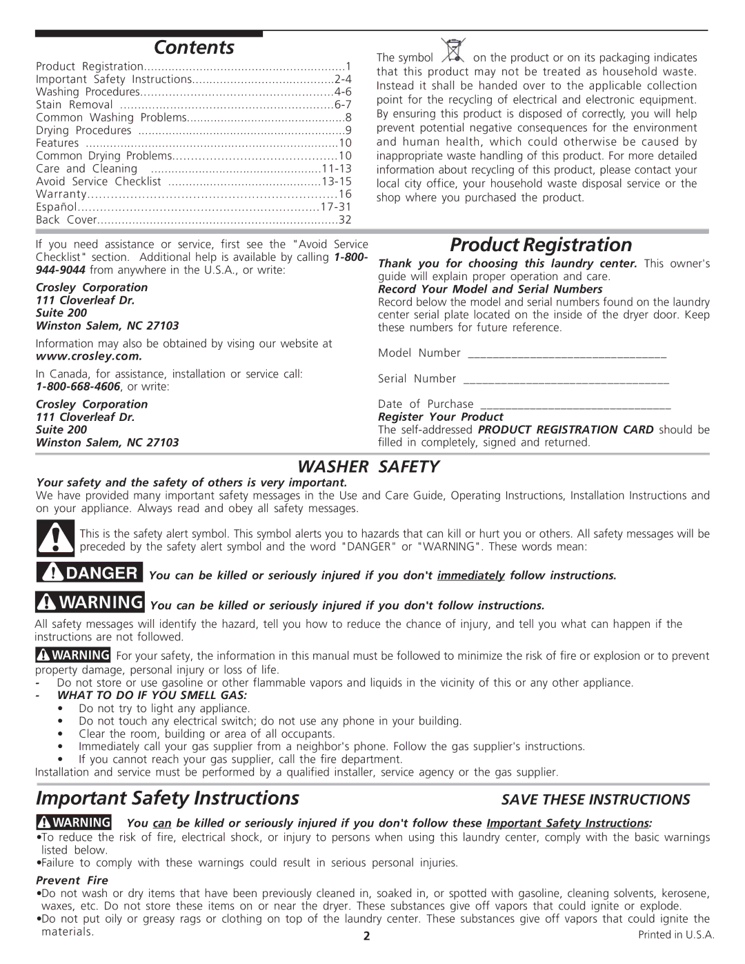 Crosley Tumble Action Laundry Center manual Contents, Product Registration, Important Safety Instructions 