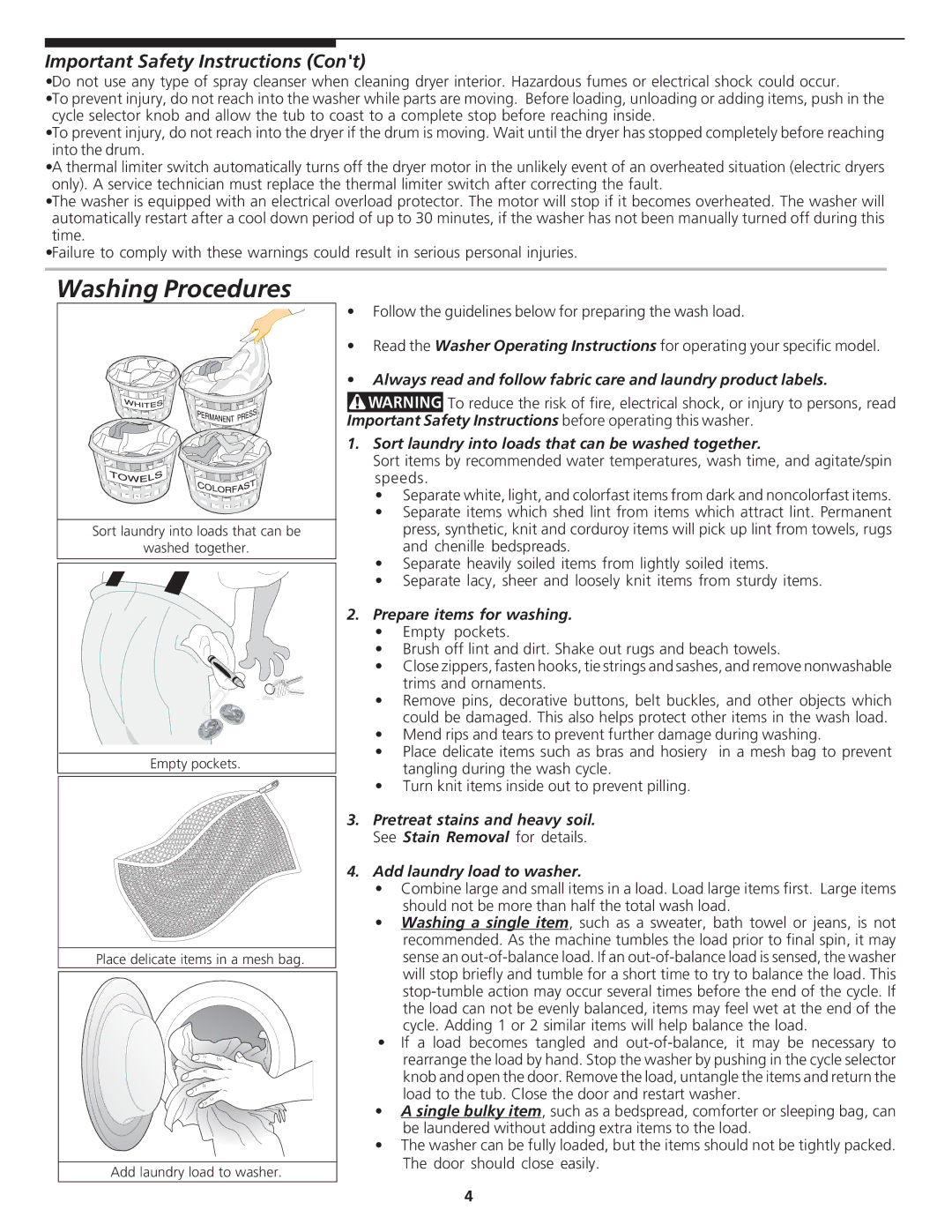 Crosley Tumble Action Laundry Center manual Washing Procedures, Sort laundry into loads that can be washed together 