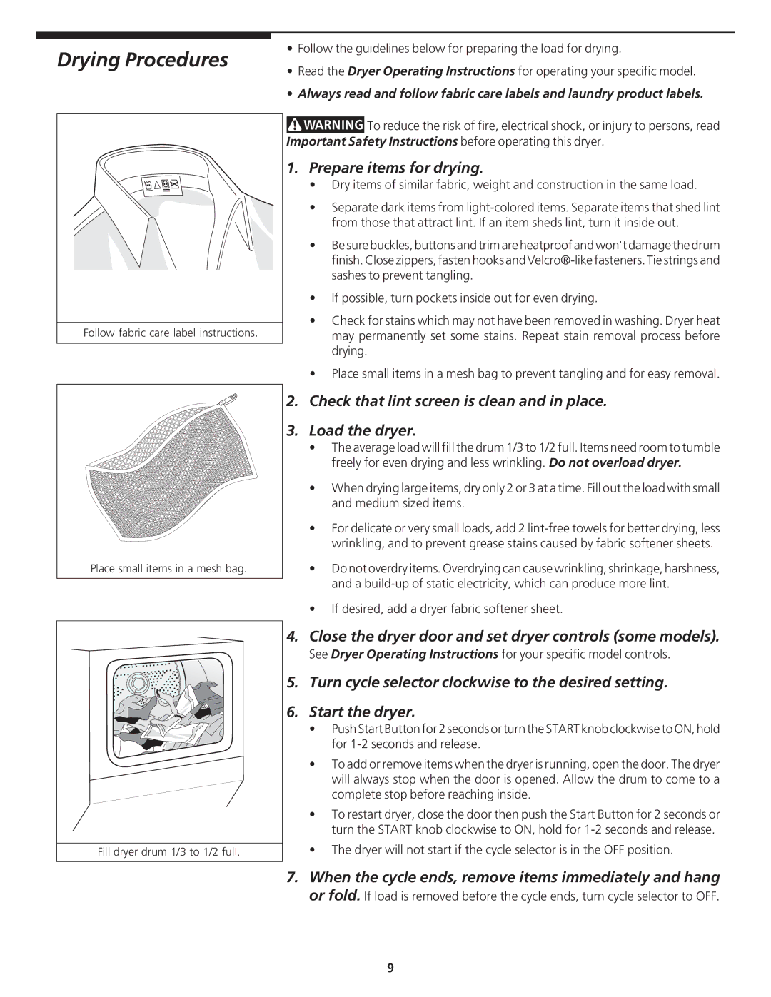 Crosley Tumble Action Laundry Center manual Drying Procedures, Prepare items for drying 