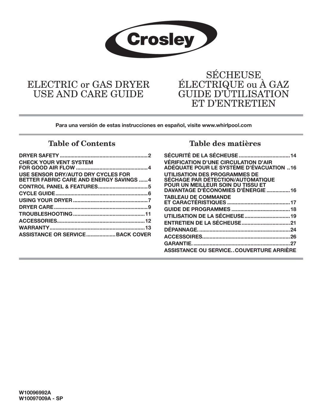Crosley W10096992A, W10097009A warranty Sécheuse 