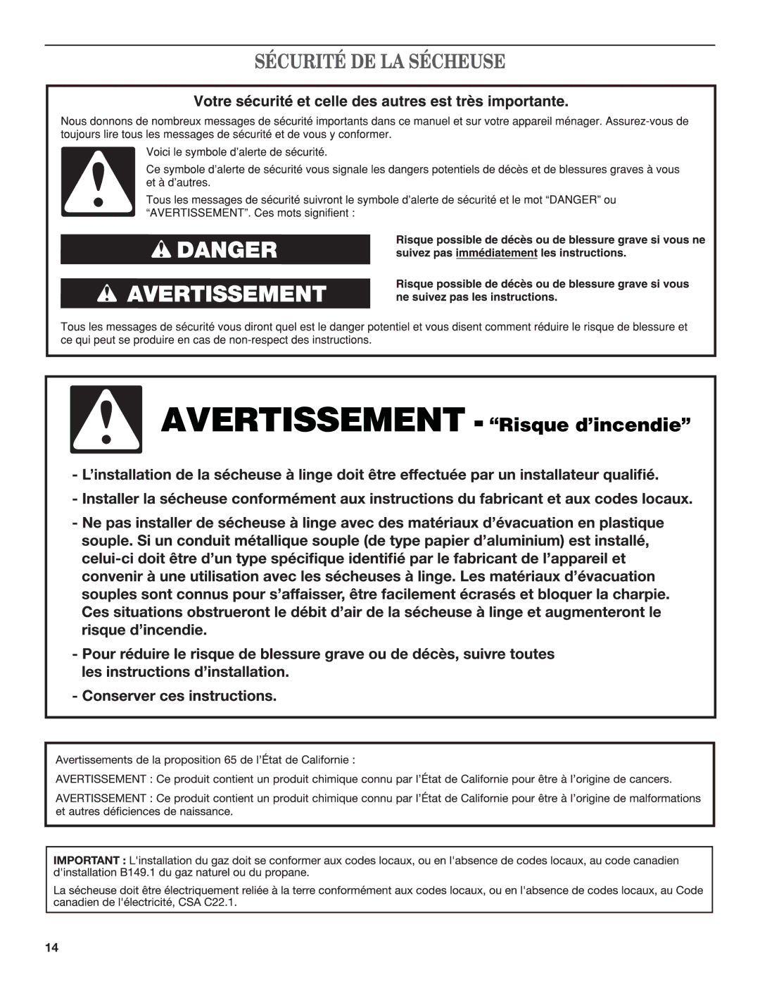 Crosley W10097009A, W10096992A warranty Sécurité DE LA Sécheuse 