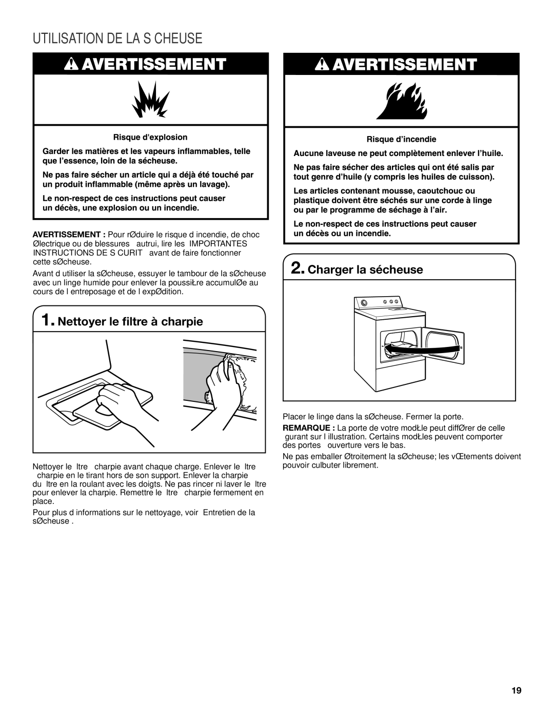 Crosley W10096992A, W10097009A warranty Utilisation DE LA Sécheuse, Charger la sécheuse, Nettoyer le filtre à charpie 