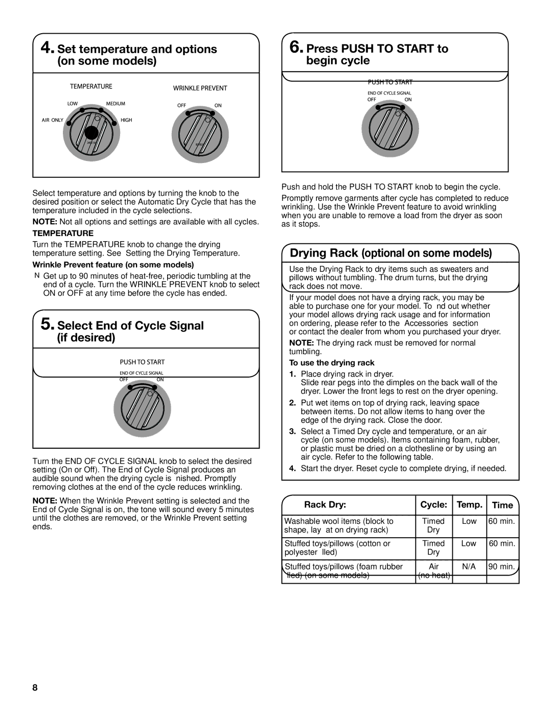 Crosley W10097009A Select End of Cycle Signal if desired, Drying Rack optional on some models, Rack Dry Cycle Temp Time 