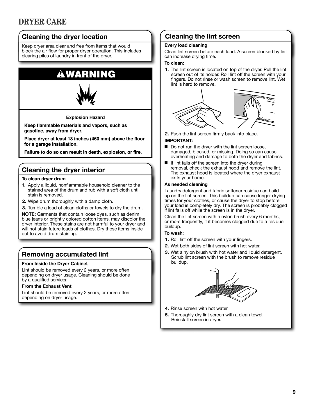 Crosley W10096992A warranty Dryer Care, Cleaning the dryer location, Cleaning the dryer interior, Removing accumulated lint 