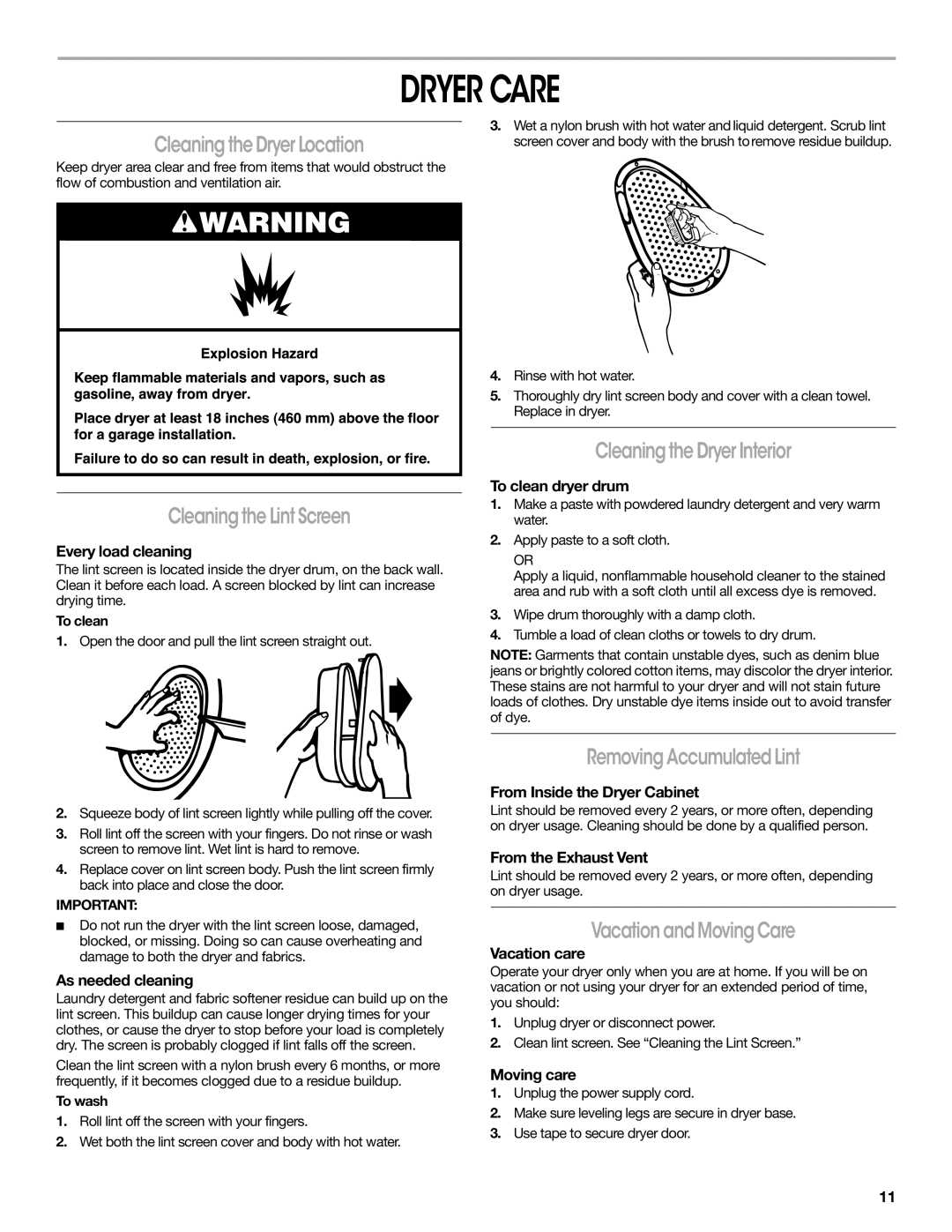 Crosley W10151585B manual Dryer Care 