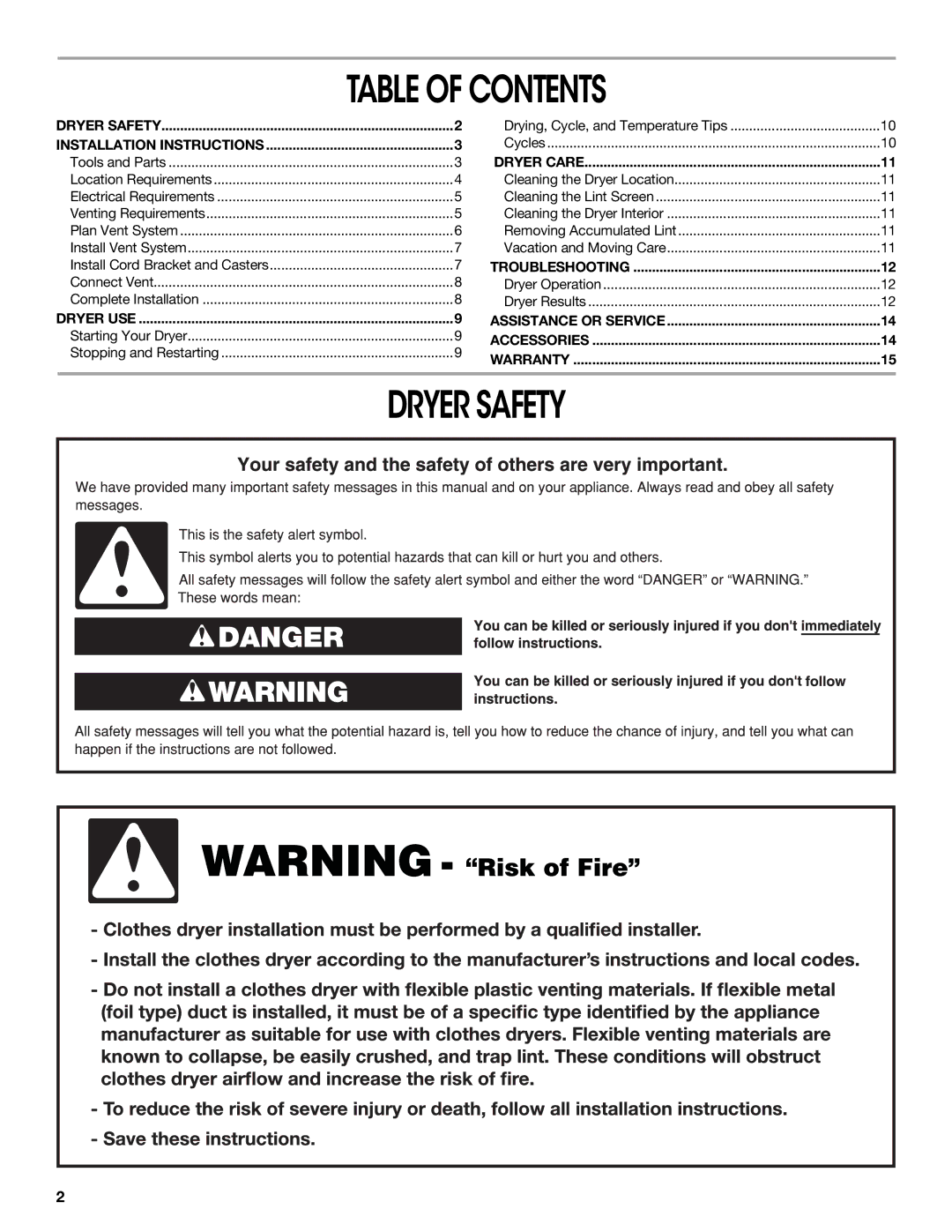 Crosley W10151585B manual Table of Contents, Dryer Safety 