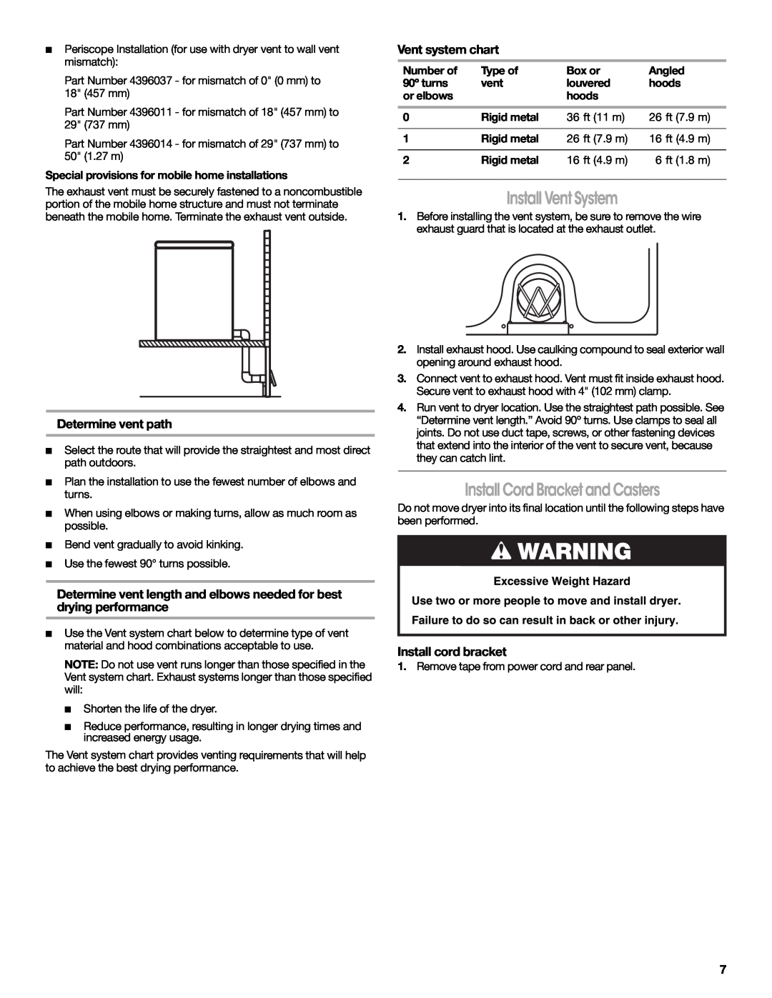 Crosley W10151585B manual Install Vent System, Install Cord Bracket and Casters, Determine vent path, Vent system chart 