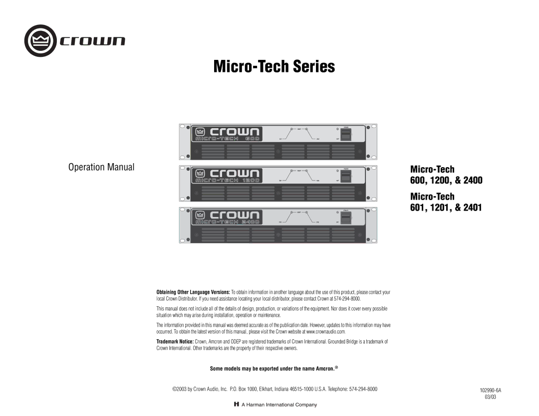 Crown 2401, 2400 operation manual Micro-Tech 600, 1200 601, 1201, Some models may be exported under the name Amcron, 03/03 