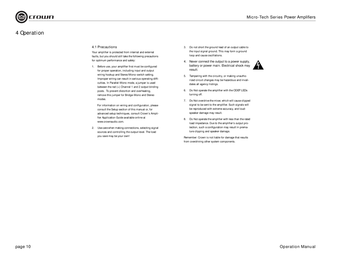 Crown 600, 1200, 2401, 2400, 601, 1201 Operation, Precautions, Do Not operate the amplifier with the Odep LEDs turning off 