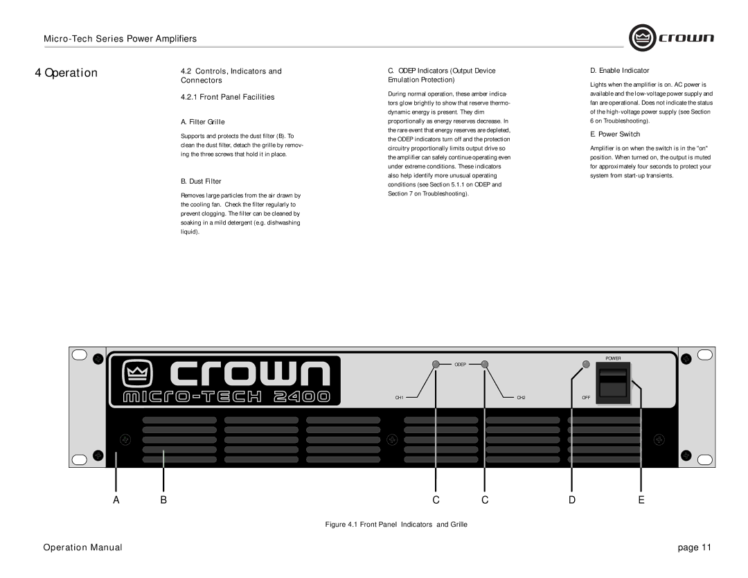 Crown 1201, 1200, 2401, 2400 Dust Filter, Odep Indicators Output Device Emulation Protection, Enable Indicator, Power Switch 