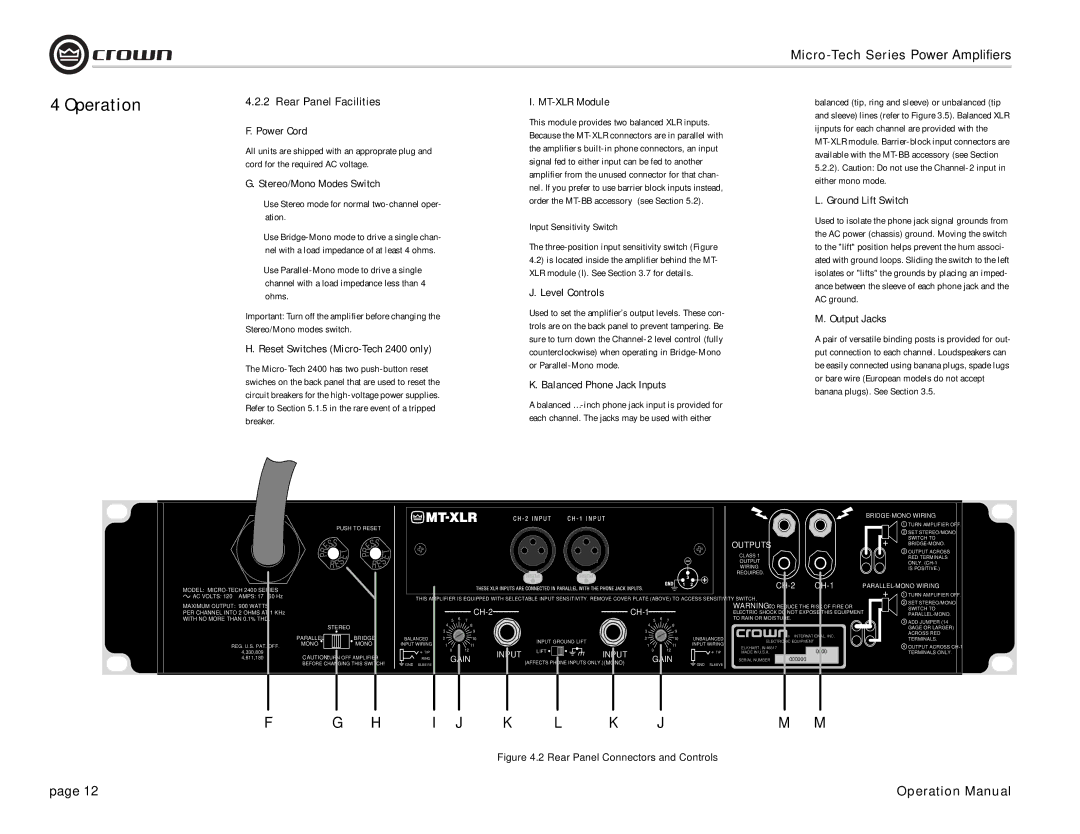 Crown 1200 Rear Panel Facilities Power Cord, Stereo/Mono Modes Switch, Reset Switches Micro-Tech 2400 only, MT-XLR Module 