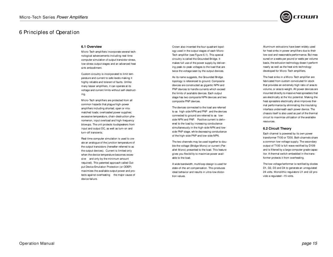 Crown 601, 1200, 2401, 2400, 600, 1201 operation manual Principles of Operation, Overview, Circuit Theory 