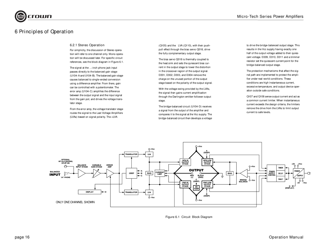 Crown 600, 1200, 2401, 2400, 601, 1201 operation manual Stereo Operation, Only ONE Channel Shown 